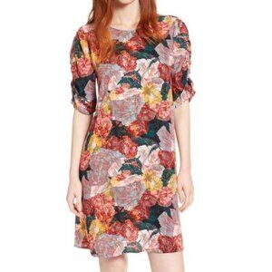 Halogen | Striped Floral Abstract Shift Dress with Ruched Sleeves | Size Small
